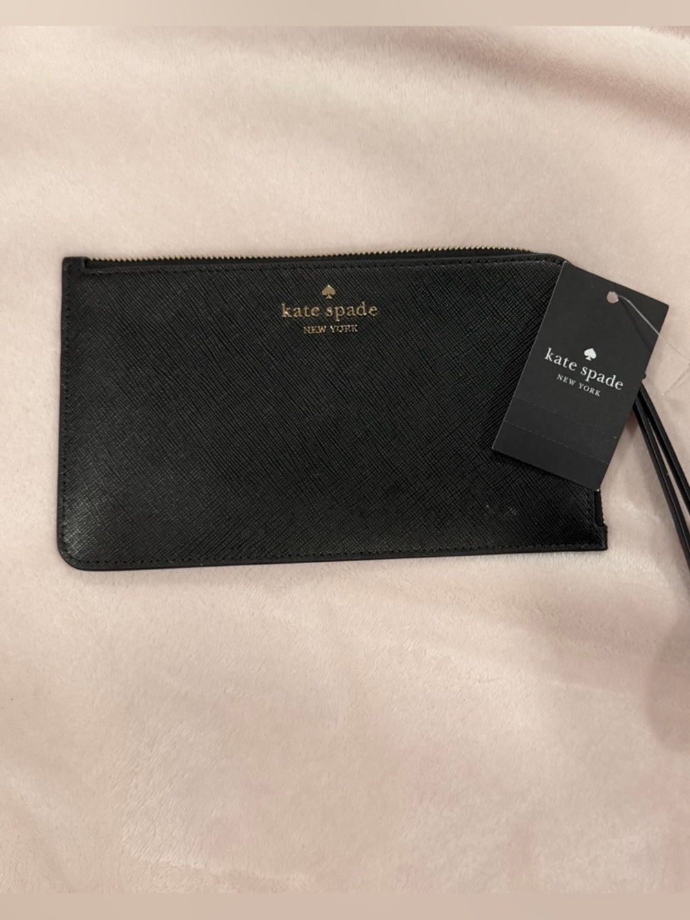 kate spade Black Leather Zip Wristlet with Gold Logo